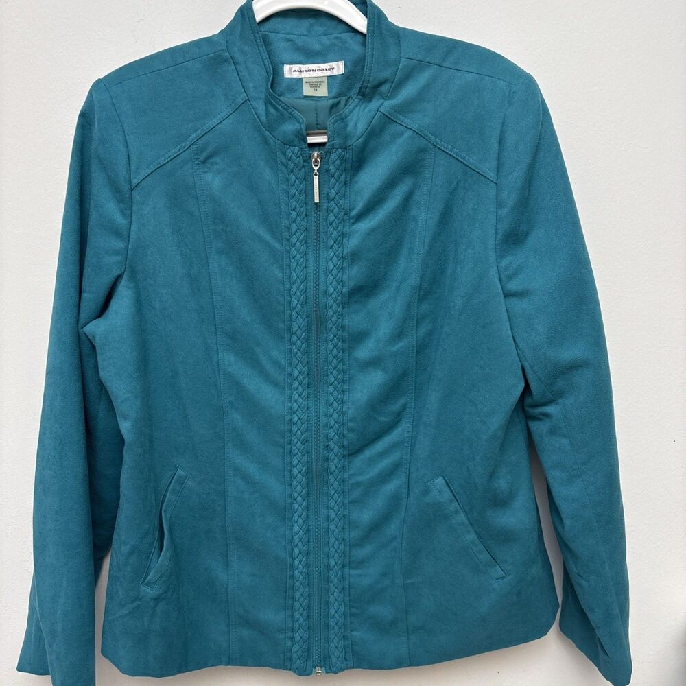 Allison Daley Faux Suede Jacket Teal, Full Zip, Front Braid, Pockets, Womens 14